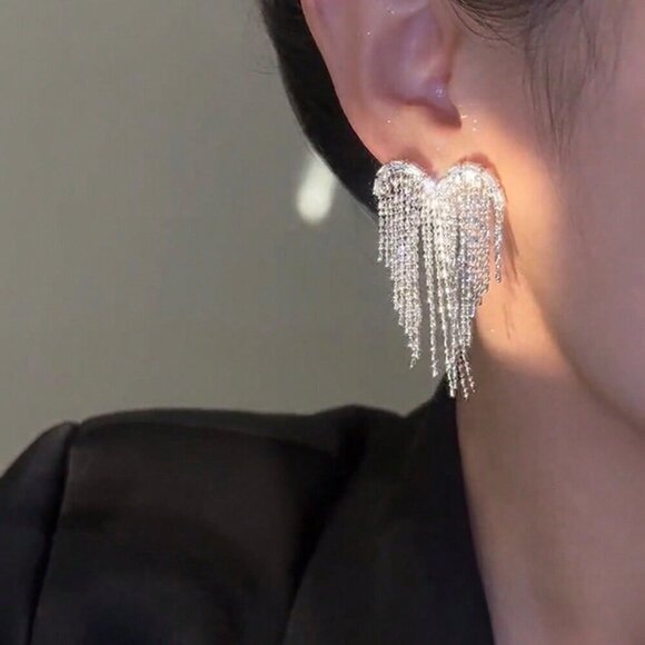 Silver Casual Women's Heart Shaped Rhinestone & Tassel Earrings - Picture 2 of 5